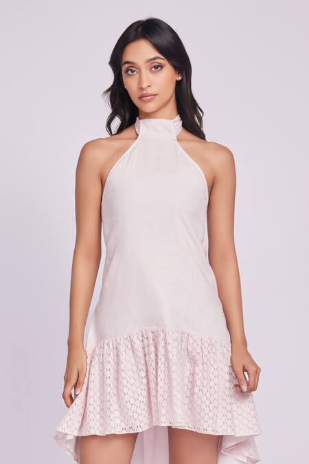 Shop Dev And Viv Pink Cotton Ruffles Halter Neck Blush Dress Online at Aza Fashions Shop_Dev And Viv_Pink Cotton Ruffles Halter Neck Blush Dress _Online_at_Aza_Fashions