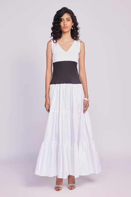 Dev And Viv White Cotton V-neck Black And Designer Dress 