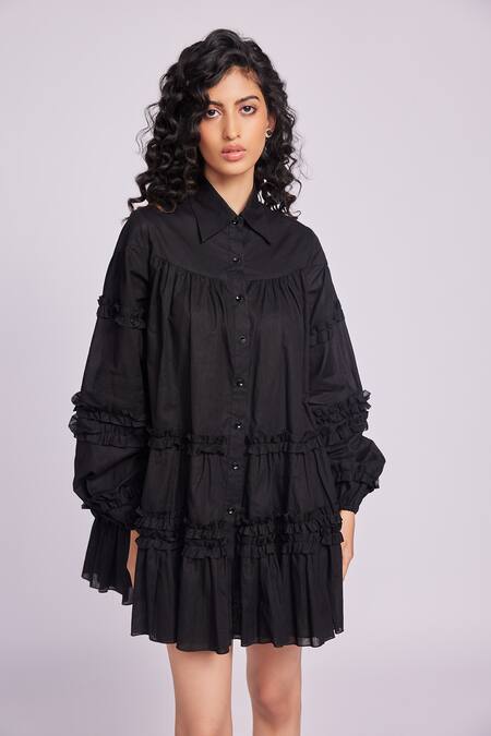 Dev And Viv Black Cotton Collared Ruffled Designer Dress Online at Aza Fashions Dev And Viv_Black Cotton Collared Ruffled Designer Dress _Online_at_Aza_Fashions
