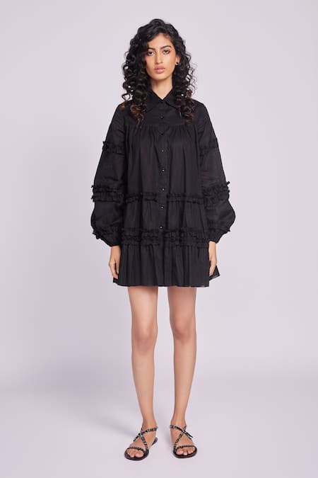 Dev And Viv Black Cotton Collared Ruffled Designer Dress 