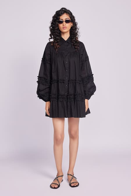 Shop Dev And Viv Black Cotton Collared Ruffled Designer Dress at Aza Fashions Shop_Dev And Viv_Black Cotton Collared Ruffled Designer Dress _at_Aza_Fashions