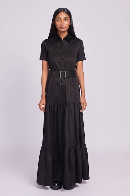 Shop Dev And Viv Black Cotton Buckles Collared Maxi Dress With Belt at Aza Fashions Shop_Dev And Viv_Black Cotton Buckles Collared Maxi Dress With Belt _at_Aza_Fashions