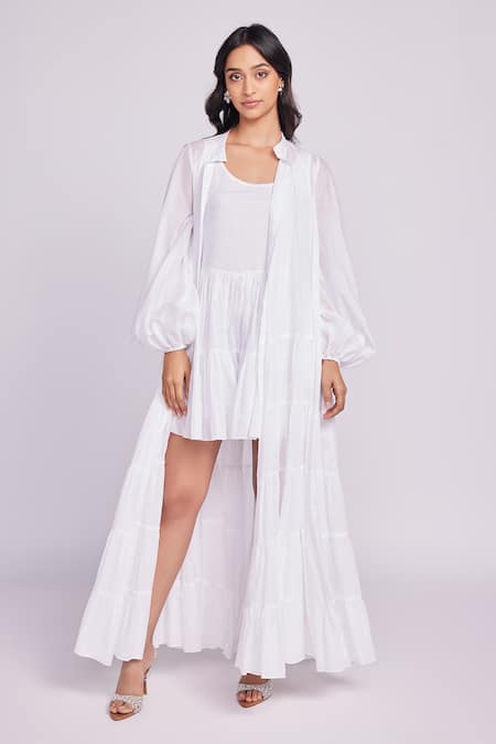 Dev And Viv White Cotton Collared Designer Dress 