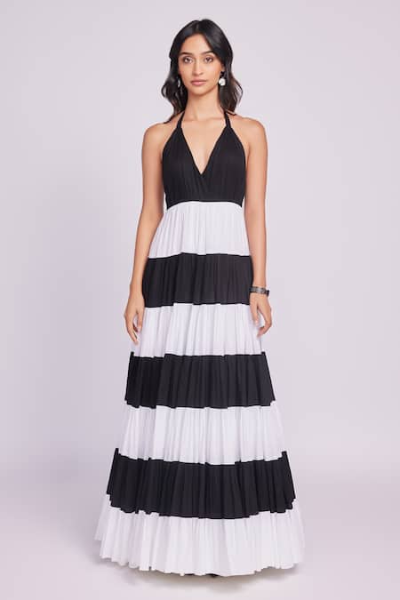 Dev And Viv Black Cotton Halter Neck Striped Maxi Dress 