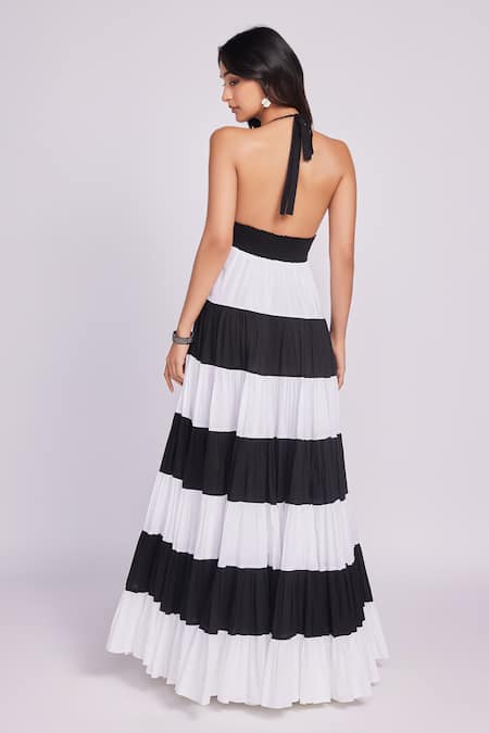 Shop Dev And Viv Black Cotton Halter Neck Striped Maxi Dress at Aza Fashions Shop_Dev And Viv_Black Cotton Halter Neck Striped Maxi Dress _at_Aza_Fashions