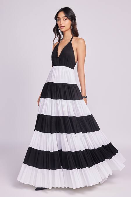 Dev And Viv Black Cotton Halter Neck Striped Maxi Dress Online at Aza Fashions Dev And Viv_Black Cotton Halter Neck Striped Maxi Dress _Online_at_Aza_Fashions
