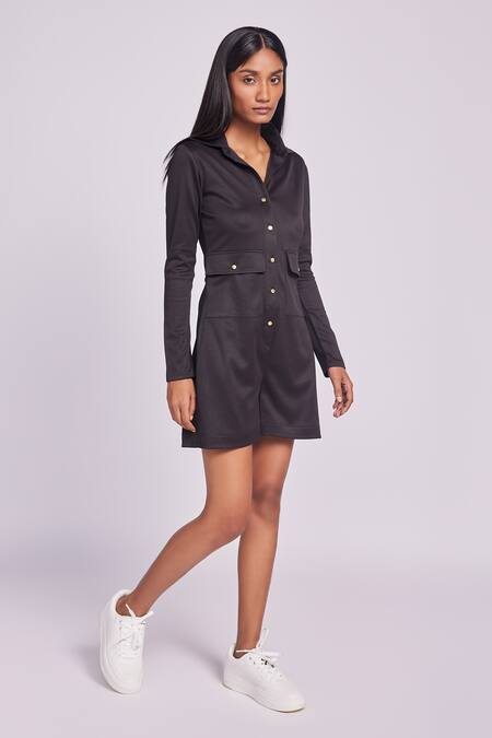 Shop Dev And Viv Black Polyester Collared Designer Jumpsuit Online at Aza Fashions Shop_Dev And Viv_Black Polyester Collared Designer Jumpsuit _Online_at_Aza_Fashions