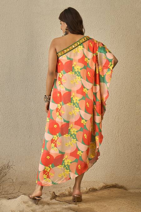 Shop Label Nitika Orange Modal, Satin Embroidery Asymmetric Floral Print One-shoulder Dress at Aza Fashions Shop_Label Nitika_Orange Modal, Satin Embroidery Asymmetric Floral Print One-shoulder Dress _at_Aza_Fashions
