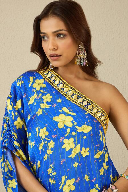 Buy Label Nitika Blue Modal, Satin Beads One Shoulder Royal Floral Print Designer Dress Online at Aza Fashions Buy_Label Nitika_Blue Modal, Satin Beads One Shoulder Royal Floral Print Designer Dress _Online_at_Aza_Fashions