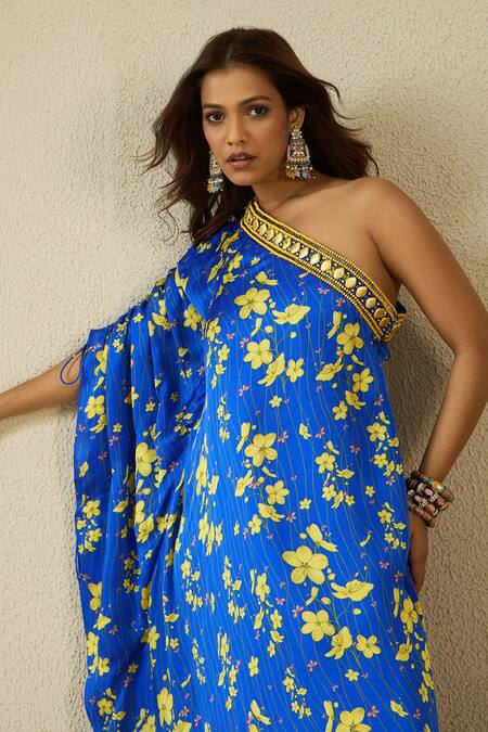 Buy Label Nitika Blue Modal, Satin Beads One Shoulder Royal Floral Print Designer Dress Buy_Label Nitika_Blue Modal, Satin Beads One Shoulder Royal Floral Print Designer Dress
