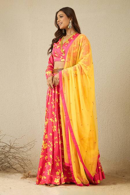 Buy_Label Nitika_Fuchsia Modal, Satin, Net Embroidery V-neck Fuschia Floral Print Lehenga Set _Online_at_Aza_Fashions