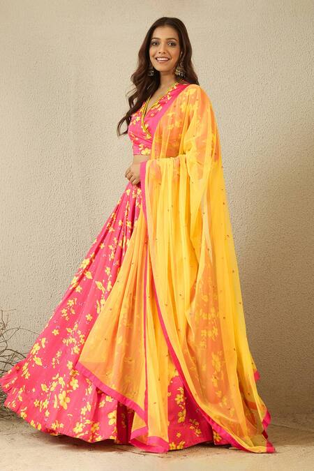 Shop_Label Nitika_Fuchsia Modal, Satin, Net Embroidery V-neck Fuschia Floral Print Lehenga Set _Online_at_Aza_Fashions