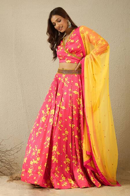 Buy_Label Nitika_Fuchsia Modal, Satin, Net Embroidery V-neck Fuschia Floral Print Lehenga Set 