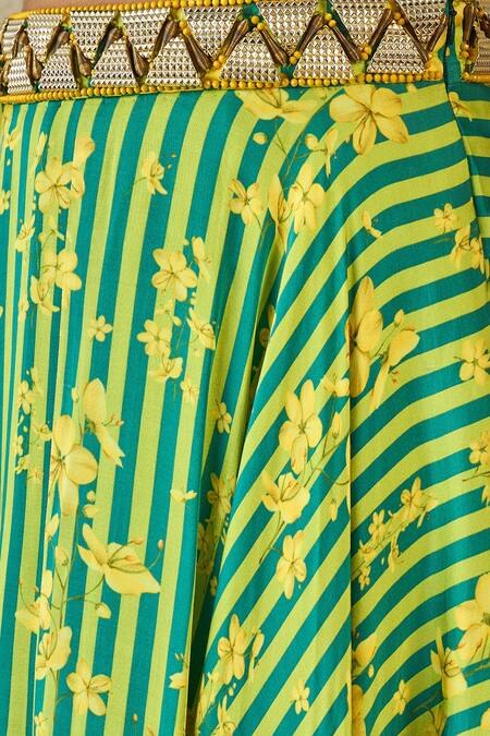 Buy_Label Nitika_Green Modal, Satin Embroidery, Buckles Open Neck Floral Print Lehenga Set _Online_at_Aza_Fashions