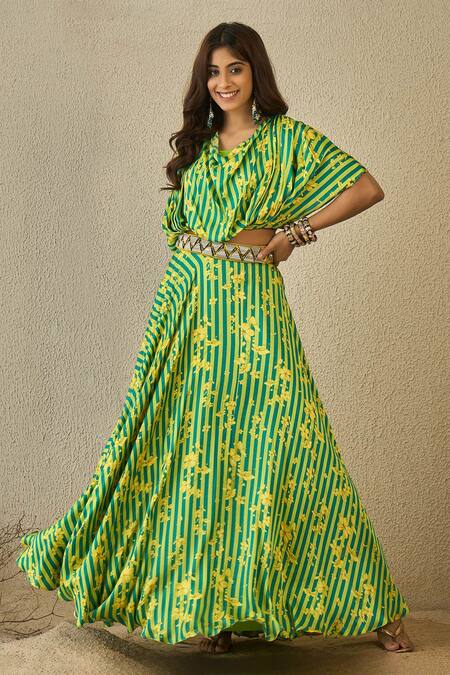 Shop_Label Nitika_Green Modal, Satin Embroidery, Buckles Open Neck Floral Print Lehenga Set _Online_at_Aza_Fashions