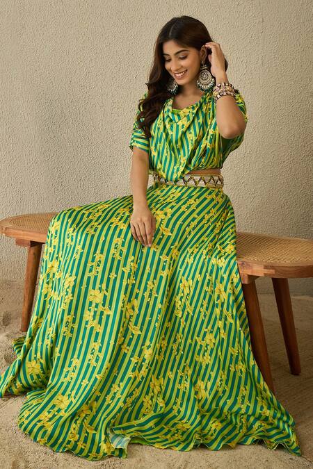 Label Nitika_Green Modal, Satin Embroidery, Buckles Open Neck Floral Print Lehenga Set _at_Aza_Fashions