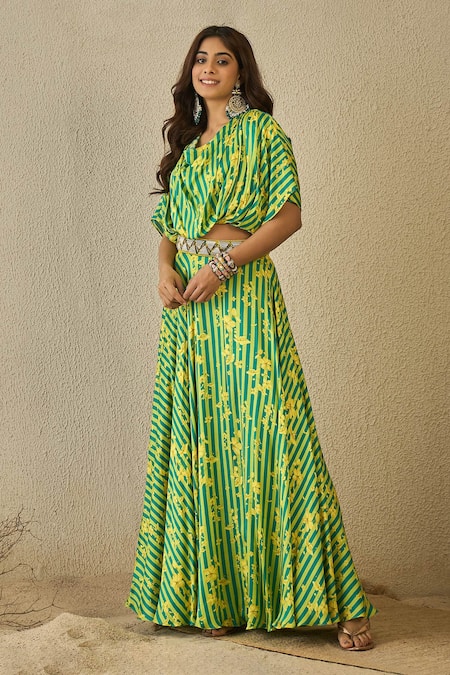 Buy_Label Nitika_Green Modal, Satin Embroidery, Buckles Open Neck Floral Print Lehenga Set 