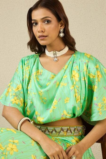 Buy_Label Nitika_Green Modal, Satin V-neck Floral Print Lehenga Set _Online_at_Aza_Fashions