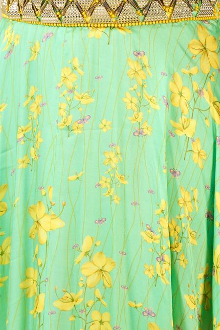Shop_Label Nitika_Green Modal, Satin V-neck Floral Print Lehenga Set _Online_at_Aza_Fashions