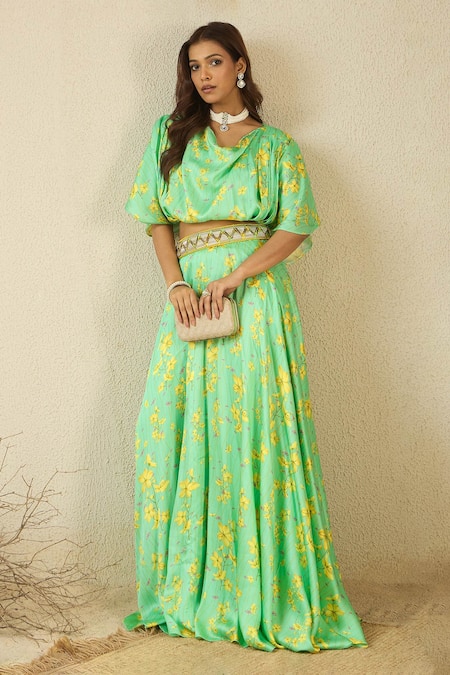 Label Nitika Green Modal, Satin V-neck Floral Print Lehenga Set 