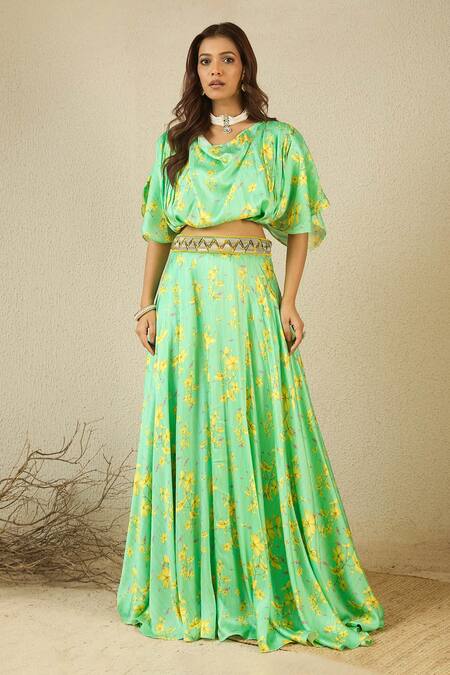 Label Nitika_Green Modal, Satin V-neck Floral Print Lehenga Set _at_Aza_Fashions