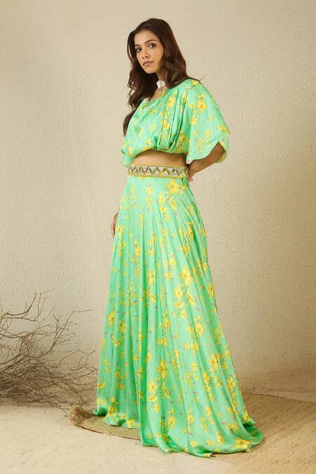 Buy_Label Nitika_Green Modal, Satin V-neck Floral Print Lehenga Set 
