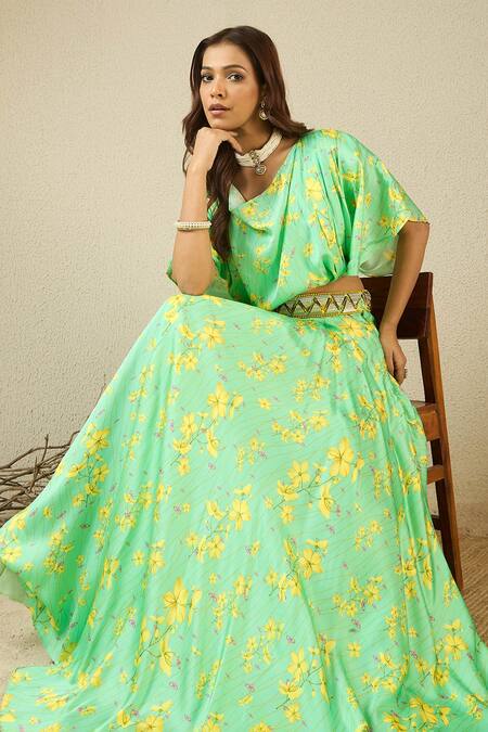 Shop_Label Nitika_Green Modal, Satin V-neck Floral Print Lehenga Set 