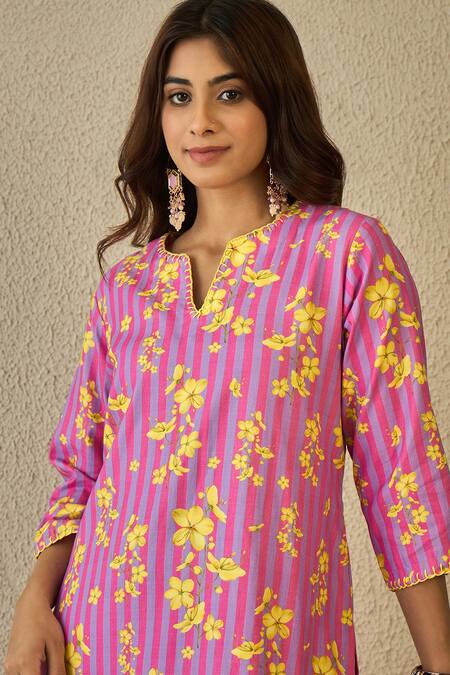 Label Nitika_Purple Cotton Embroidery V-neck Floral Print Kurta And Striped Pant Set _Online_at_Aza_Fashions