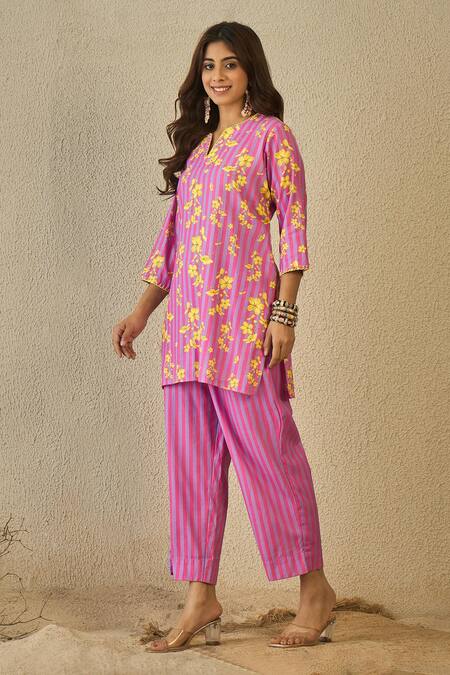 Buy_Label Nitika_Purple Cotton Embroidery V-neck Floral Print Kurta And Striped Pant Set _Online_at_Aza_Fashions