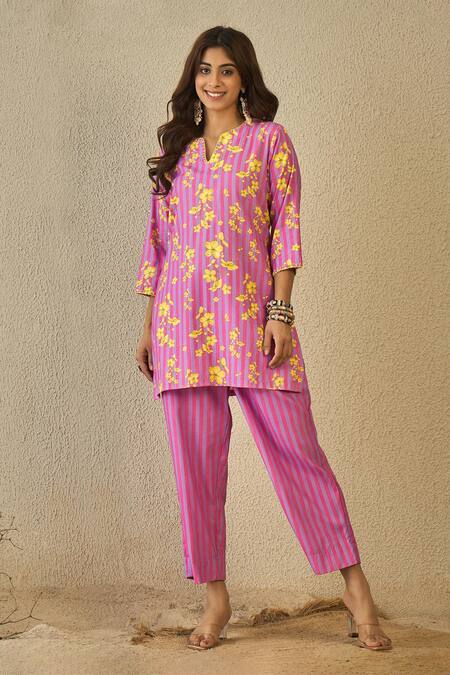 Shop_Label Nitika_Purple Cotton Embroidery V-neck Floral Print Kurta And Striped Pant Set _Online_at_Aza_Fashions