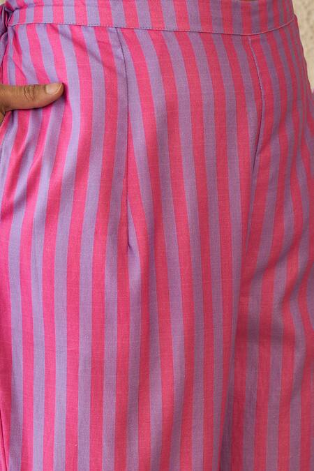 Label Nitika_Purple Cotton Embroidery V-neck Floral Print Kurta And Striped Pant Set _at_Aza_Fashions