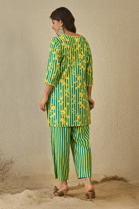 Shop Label Nitika Green Cotton Embroidery V-neck And Yellow Striped Kurta Pant Set at Aza Fashions Shop_Label Nitika_Green Cotton Embroidery V-neck And Yellow Striped Kurta Pant Set _at_Aza_Fashions