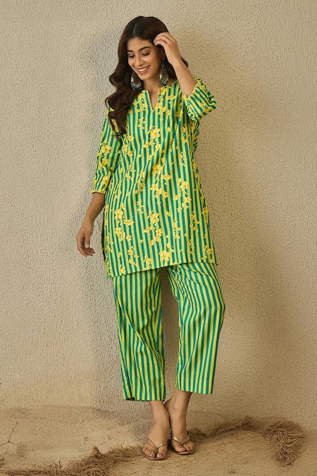 Label Nitika Green Cotton Embroidery V-neck And Yellow Striped Kurta Pant Set