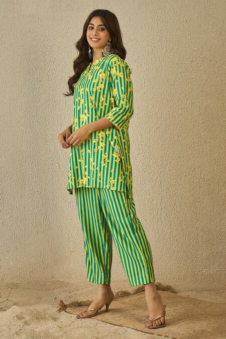 Label Nitika Green Cotton Embroidery V-neck And Yellow Striped Kurta Pant Set at Aza Fashions Label Nitika_Green Cotton Embroidery V-neck And Yellow Striped Kurta Pant Set _at_Aza_Fashions