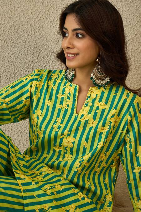 Buy Label Nitika Green Cotton Embroidery V-neck And Yellow Striped Kurta Pant Set Buy_Label Nitika_Green Cotton Embroidery V-neck And Yellow Striped Kurta Pant Set