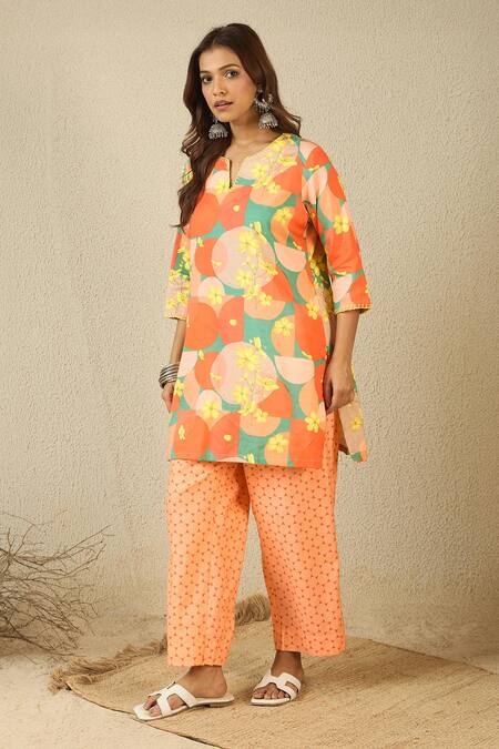 Buy_Label Nitika_Orange Cotton Split V-neck Printed Kurta And Pant Set _Online_at_Aza_Fashions