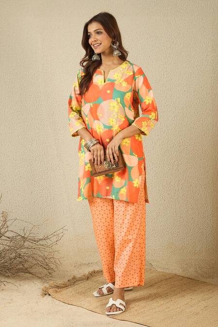 Buy_Label Nitika_Orange Cotton Split V-neck Printed Kurta And Pant Set 