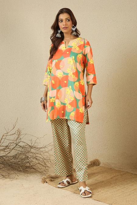 Label Nitika Orange Cotton Split V-neck Floral Print Kurta And Checkered Pant Set