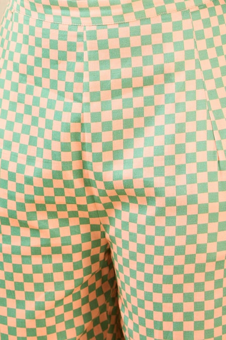 Shop_Label Nitika_Orange Cotton Split V-neck Floral Print Kurta And Checkered Pant Set _Online_at_Aza_Fashions