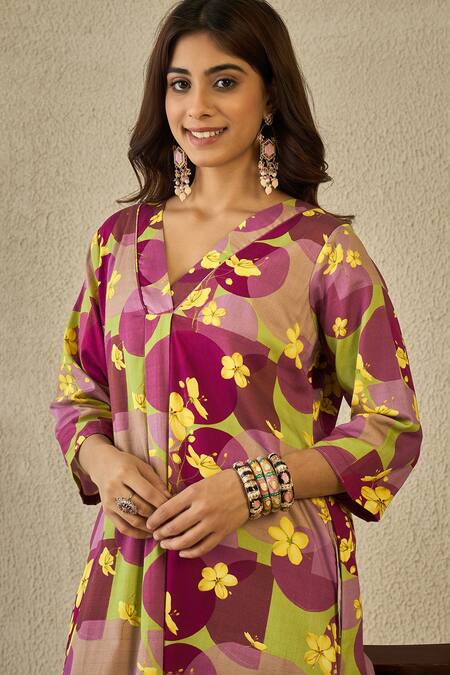 Label Nitika_Purple Cotton Split V-neck Floral Print Kurta And Pant Set _Online_at_Aza_Fashions