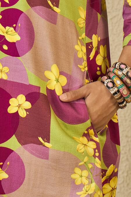 Shop_Label Nitika_Purple Cotton Split V-neck Floral Print Kurta And Pant Set _Online_at_Aza_Fashions