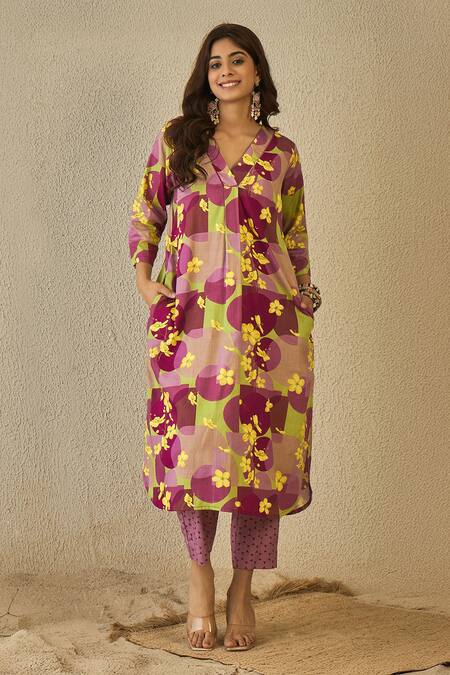 Label Nitika_Purple Cotton Split V-neck Floral Print Kurta And Pant Set _at_Aza_Fashions