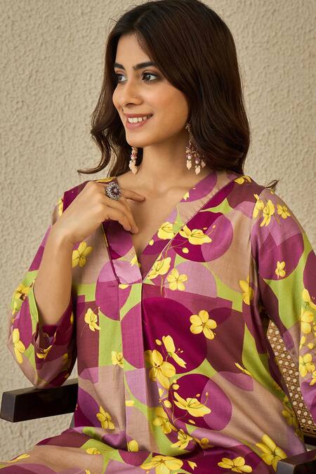Label Nitika_Purple Cotton V-neck Floral Print Kurta And Pant Set _Online_at_Aza_Fashions