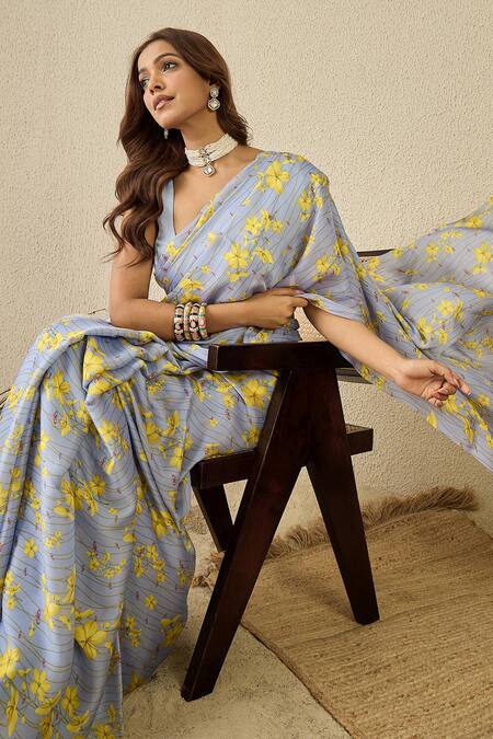 Label Nitika Blue Satin, Georgette Floral Print Saree Set Online at Aza Fashions Label Nitika_Blue Satin, Georgette Floral Print Saree Set _Online_at_Aza_Fashions