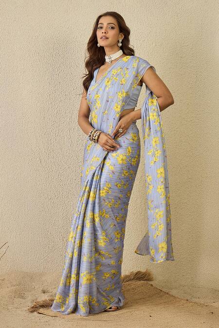 Label Nitika Blue Satin, Georgette Floral Print Saree Set at Aza Fashions Label Nitika_Blue Satin, Georgette Floral Print Saree Set _at_Aza_Fashions