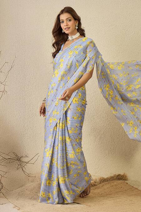 Shop_Label Nitika_Blue Satin, Georgette Scoop Neck Moon Saree With Stitched Blouse _Online_at_Aza_Fashions