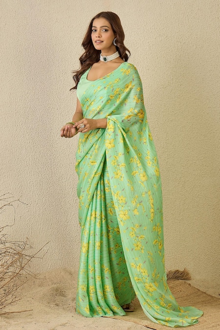Buy_Label Nitika_Green Satin, Georgette Floral Print Saree And Blouse Set _Online_at_Aza_Fashions