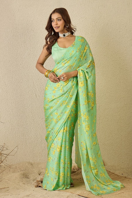 Label Nitika Green Satin, Georgette Floral Print Saree And Blouse Set
