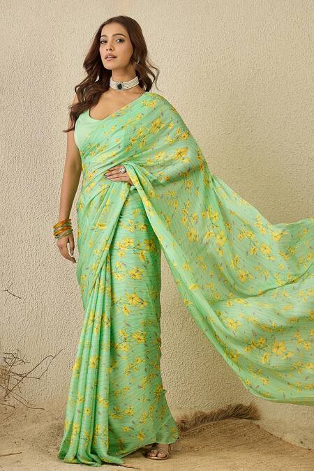 Label Nitika Green Satin, Georgette Round Neck Teal Saree With Stitched Blouse at Aza Fashions Label Nitika_Green Satin, Georgette Round Neck Teal Saree With Stitched Blouse _at_Aza_Fashions