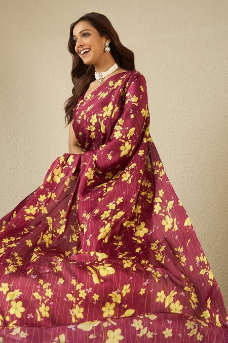 Buy Label Nitika Maroon Floral Print Saree With Blouse Piece Online at Aza Fashions Buy_Label Nitika_Maroon Floral Print Saree With Blouse Piece _Online_at_Aza_Fashions